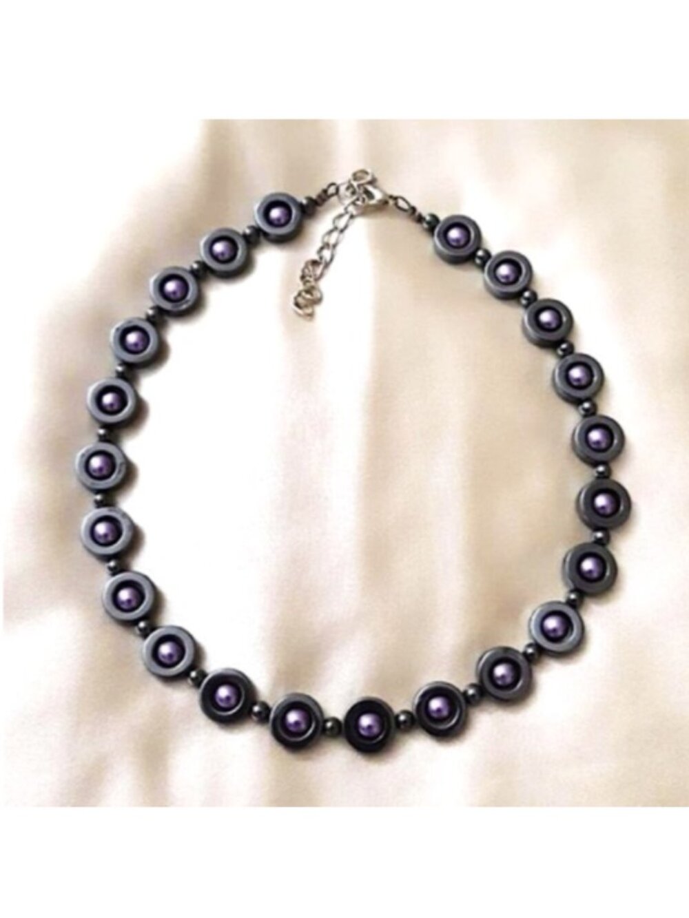 Choker Necklace Black Hematite PURPLE Bead 14.5" L